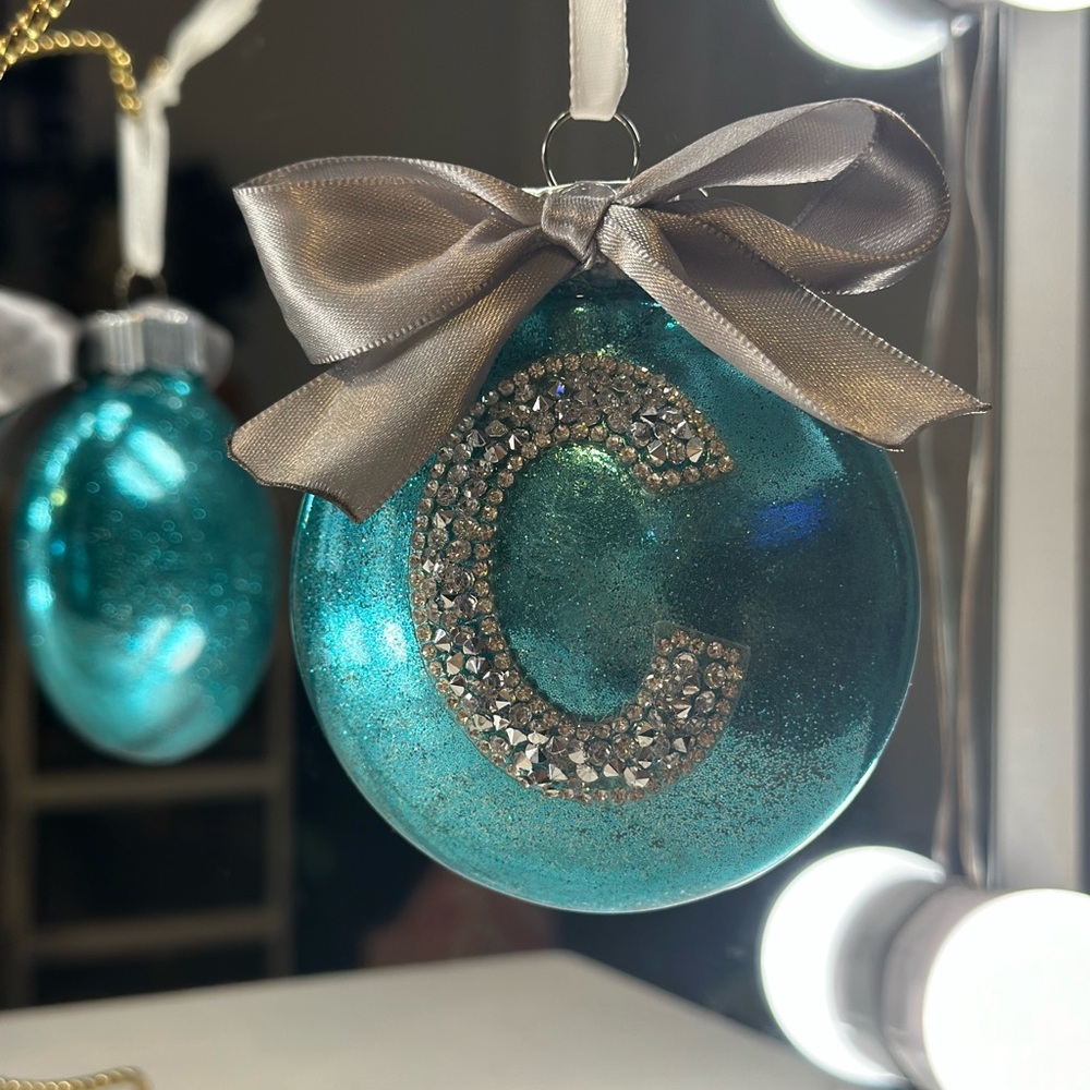 Elegant C Initial Blue Holiday Ornament with Silver Accents